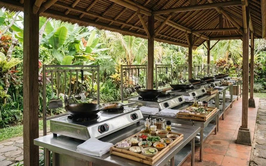 Row of stainless steel cooking stations with gas burners and woks under a thatched roof in a garden