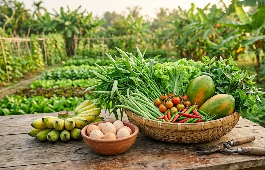 Bamboo basket of freshly picked organic vegetables, papaya, chillies and eggs on a farm table