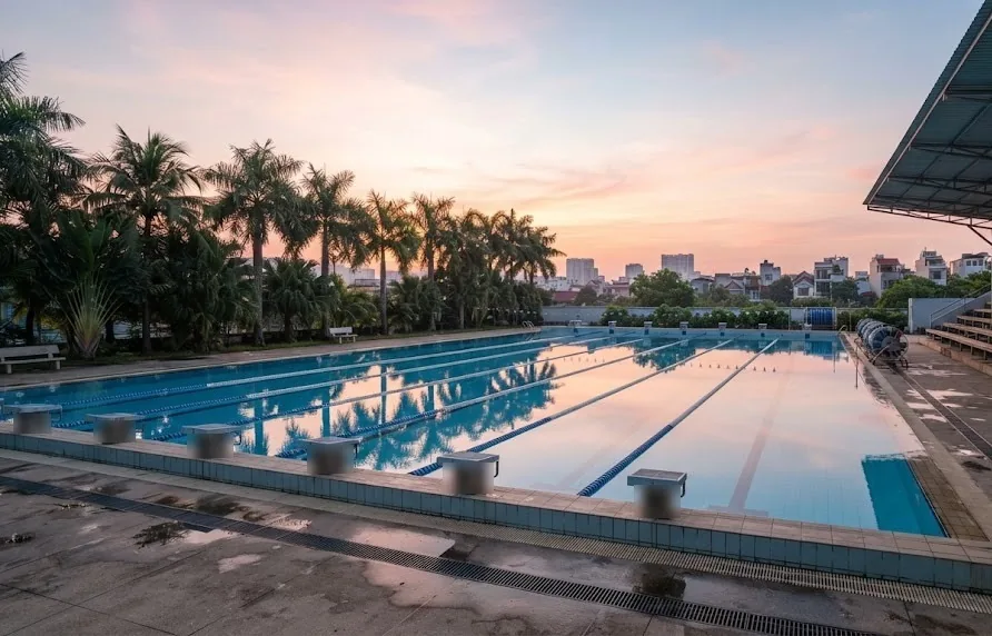 Outdoor lap pool with lane ropes, starting blocks and palm trees at sunrise
