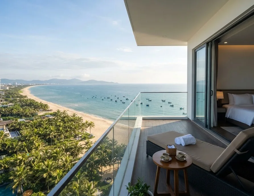 Hotel balcony with a lounger and coffee overlooking a long palm-lined beach and bay