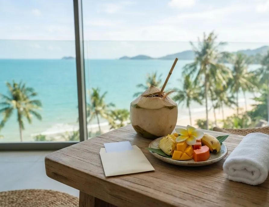 Welcome coconut, fruit plate, key card and towel on a table by a sea-view window