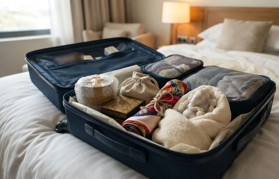 Suitcase packed with a wrapped ceramic, lacquer box, rolled silk scarf and towel wrapped carving