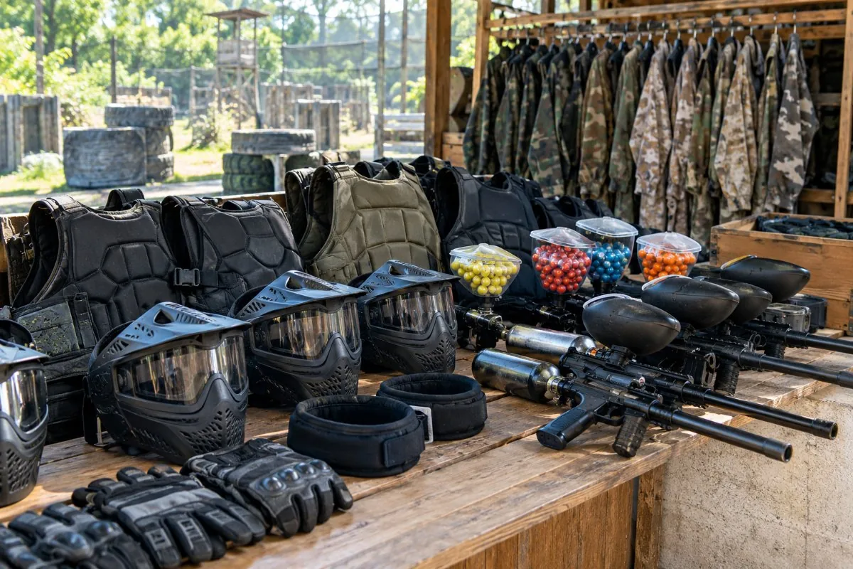 Paintball masks, chest protectors, gloves, neck guards, markers and paintballs on a table