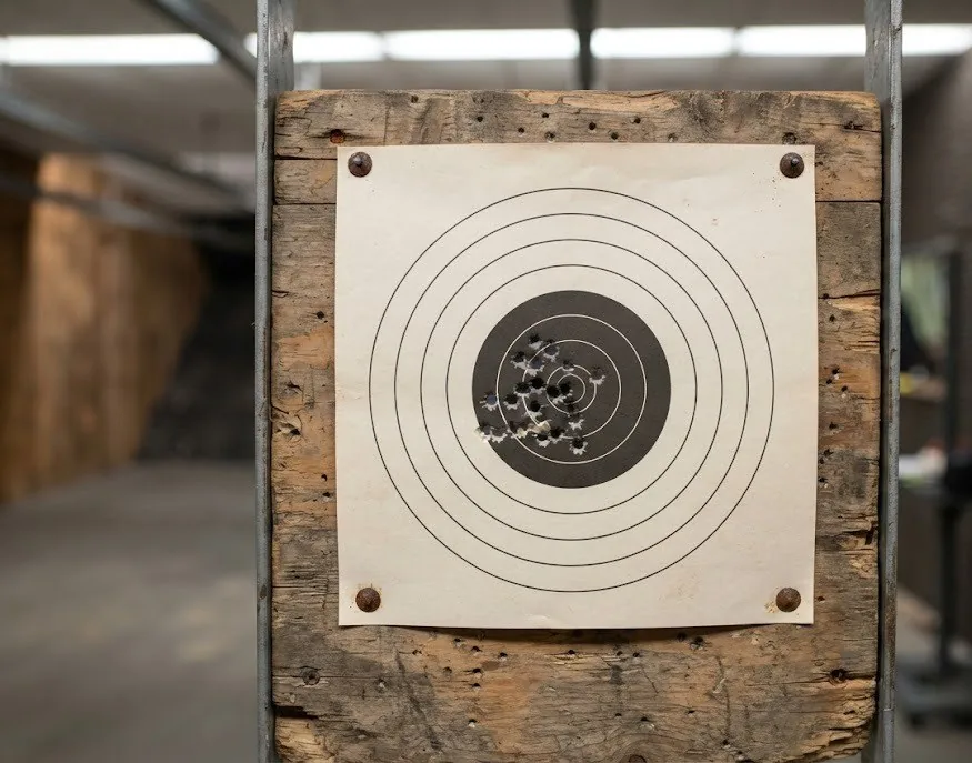 A paper bullseye target pinned to a wooden holder with pellet holes clustered near the centre