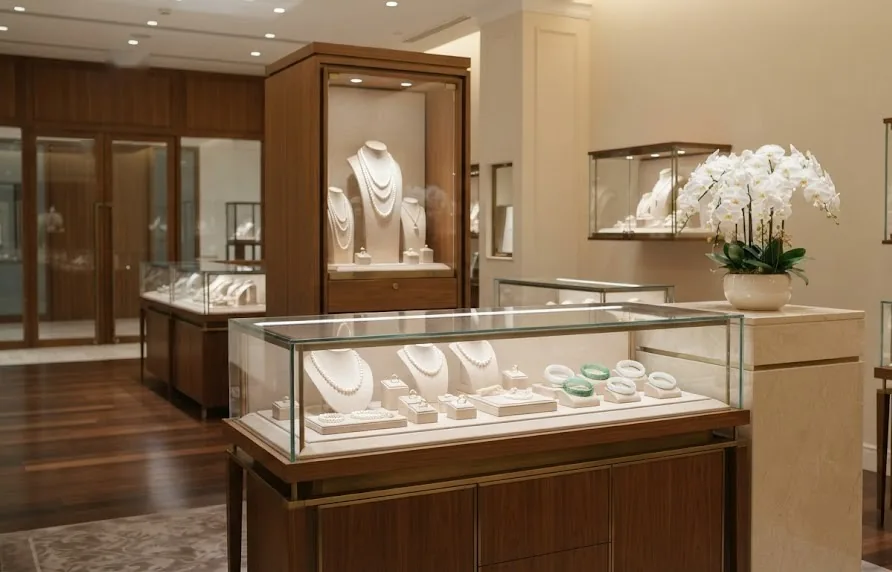 Jewelry showroom with pearl necklaces and jade bracelets in lit glass cases