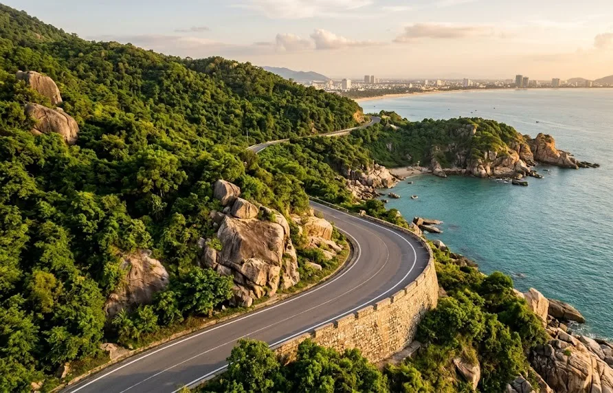 Coastal road curving along a jungle peninsula with granite boulders, turquoise coves and a city across the bay