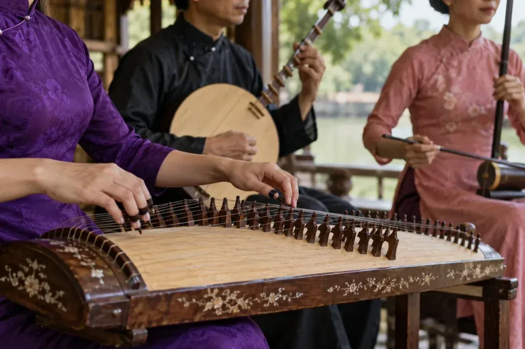 AI illustration: Hands playing a traditional Vietnamese string instrument
