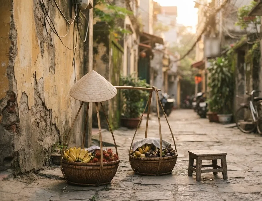 Street vendor baskets of fruit and a conical hat resting in a quiet old alley