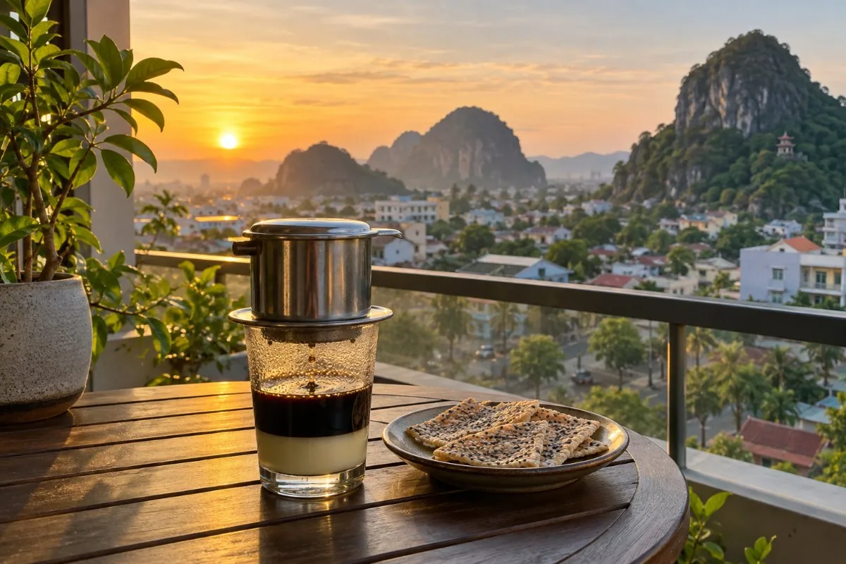 Vietnamese phin coffee and sesame crackers on a balcony table at sunrise