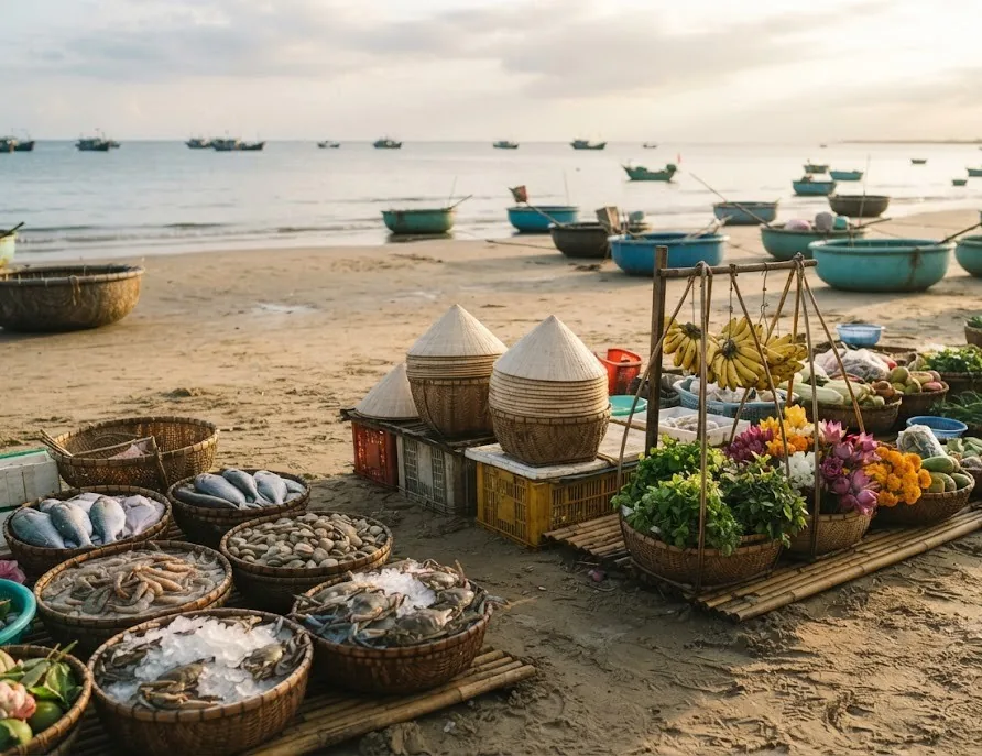 Early morning beach market with baskets of seafood, conical hats and basket boats