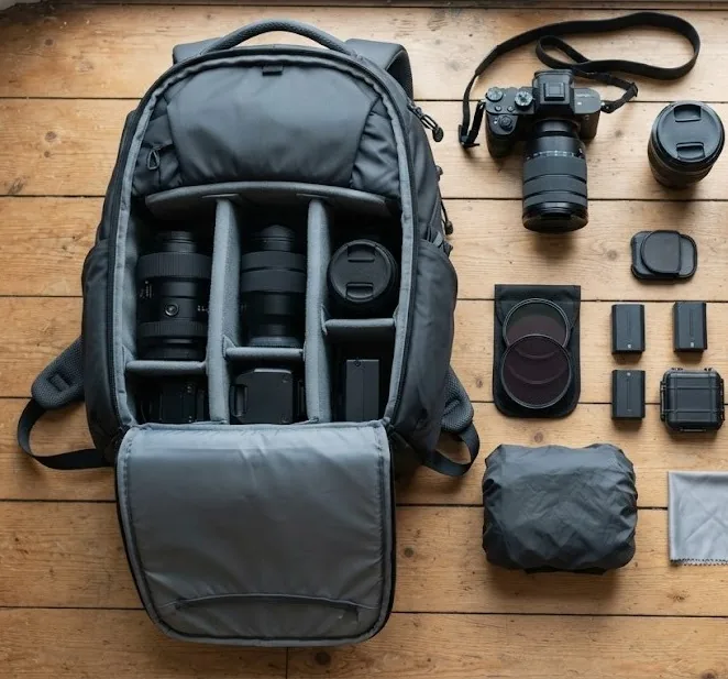 Photography backpack with camera, lenses, filters, batteries and rain cover