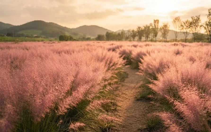 Field of soft pink feathery grass with a dirt path winding through it at golden hour