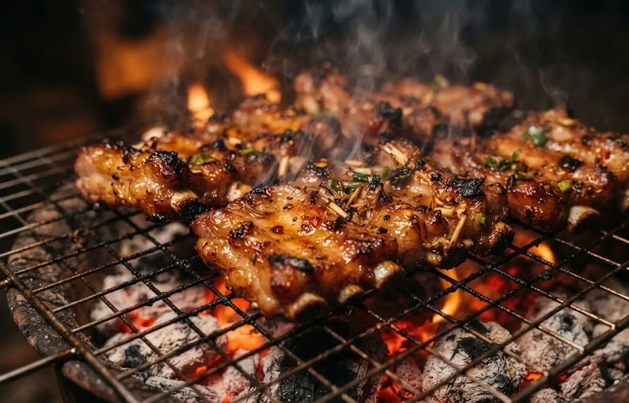 Caramelised marinated pork ribs grilling over glowing charcoal embers