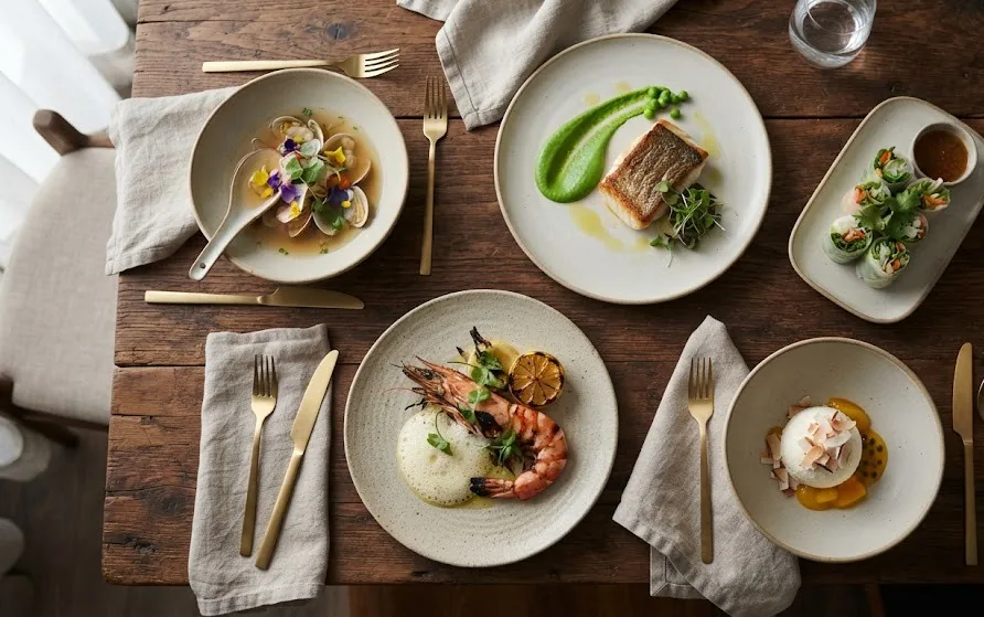 Five small plated courses including seafood broth, seared fish, fresh rolls, prawns and a coconut dessert