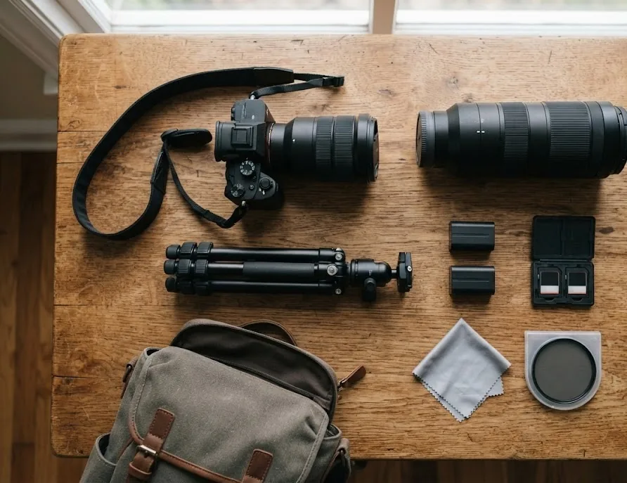 Travel photography gear flat lay with camera, lenses, tripod and filters