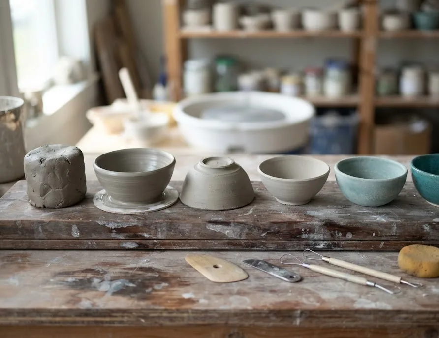 Clay bowls in stages from raw lump to glazed finish on a studio bench