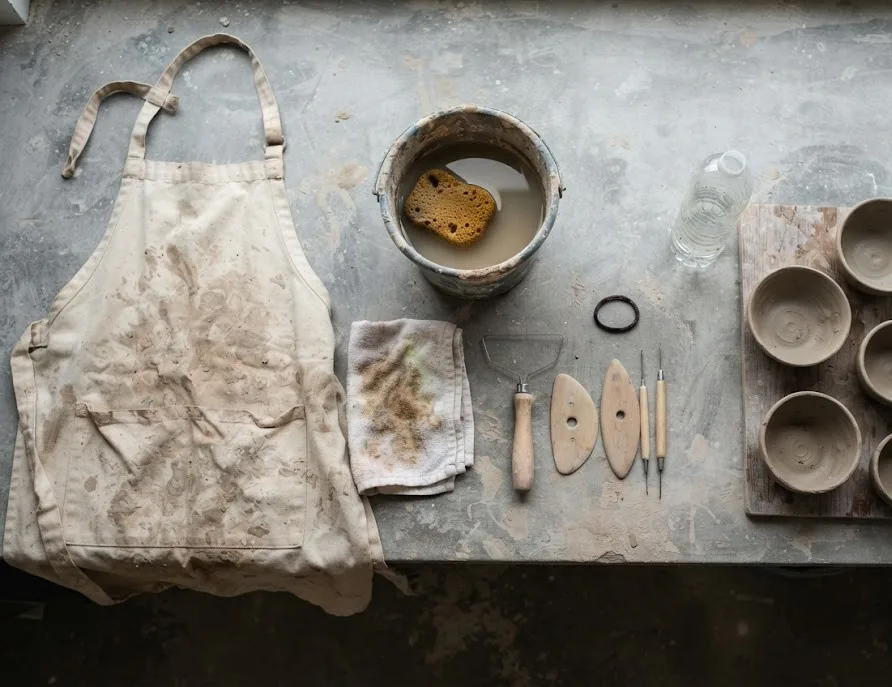 First pottery class kit with apron, sponge bucket, towel and clay tools