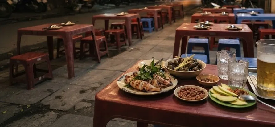 Sidewalk pub with low red tables, grilled squid, snails and iced beer at night