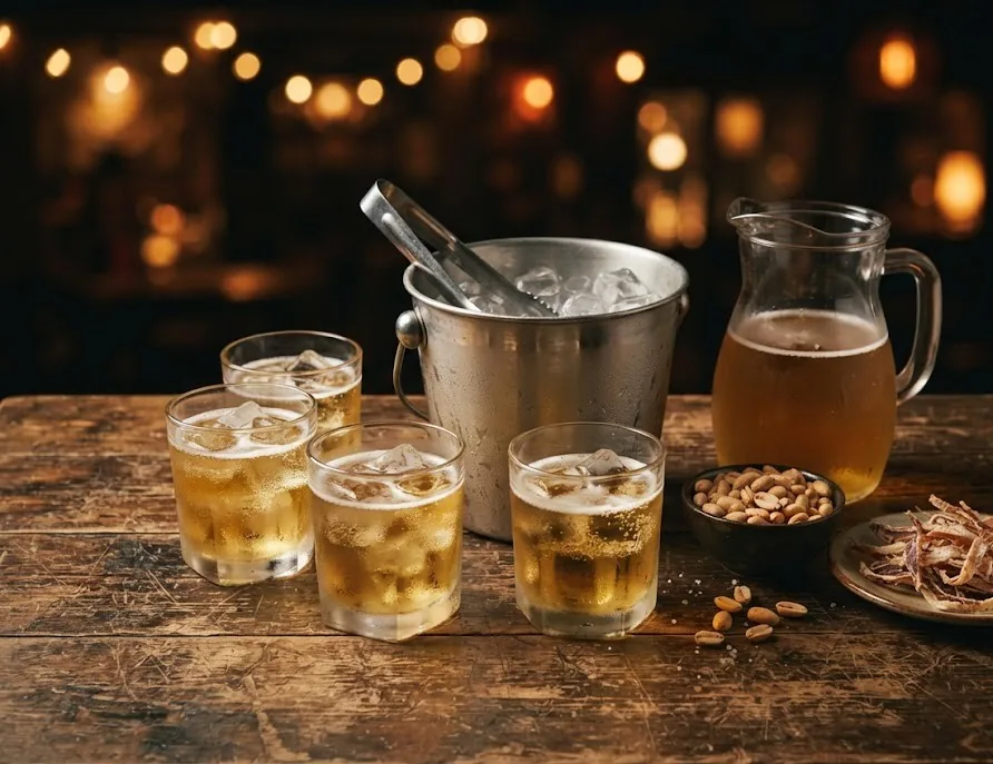 Ice bucket, glasses of iced beer, a pitcher, peanuts and dried squid on a wooden table