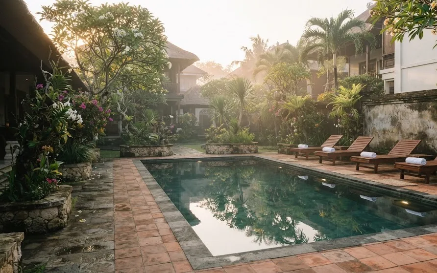 Still garden swimming pool with wooden loungers, frangipani and palms in soft early morning light