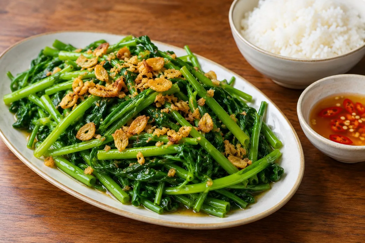 Stir fried water spinach with crispy garlic, steamed rice and fish sauce with chili