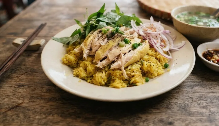 Com ga chicken rice with turmeric rice, shredded chicken, herbs and onion salad
