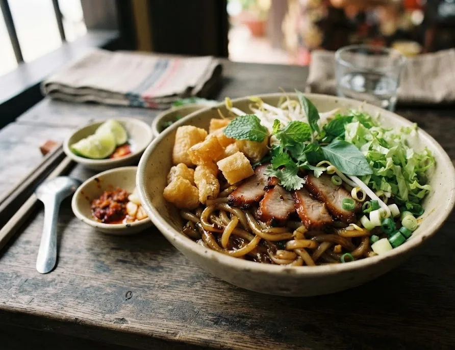 Bowl of cao lau noodles with char siu pork, crispy croutons and fresh greens