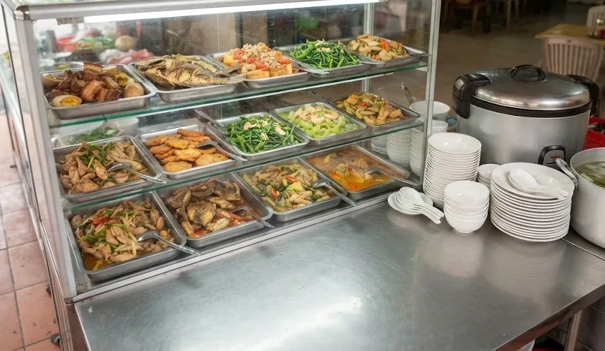 Local rice eatery counter with trays of home-style dishes and a big rice cooker