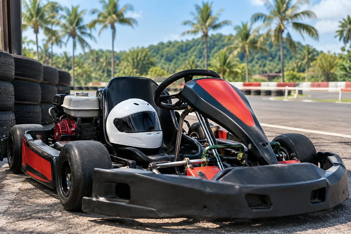 Rental go-kart with a white helmet on the seat beside a tire barrier