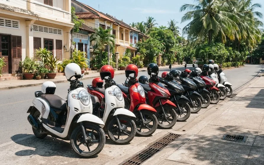 Row of rental scooters with helmets on the seats parked along a palm-lined tropical street
