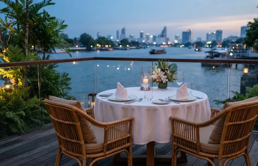 Round riverside table set for two with rattan chairs overlooking the river at dusk
