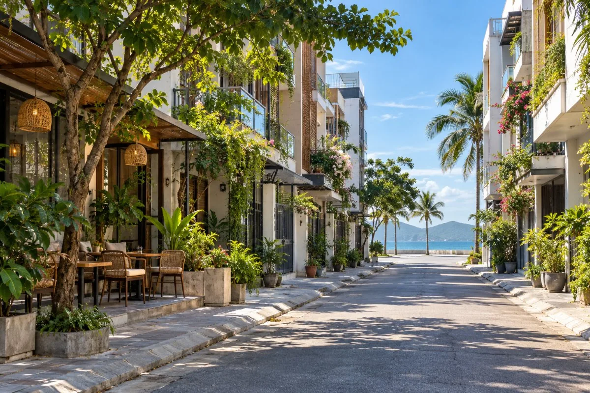 Quiet residential street with apartments, a cafe and the sea at the end