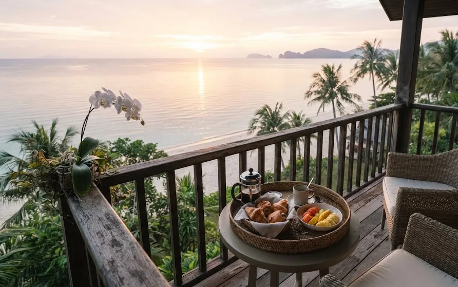 Breakfast tray with coffee, pastries and fruit on a resort balcony overlooking the sea at sunrise