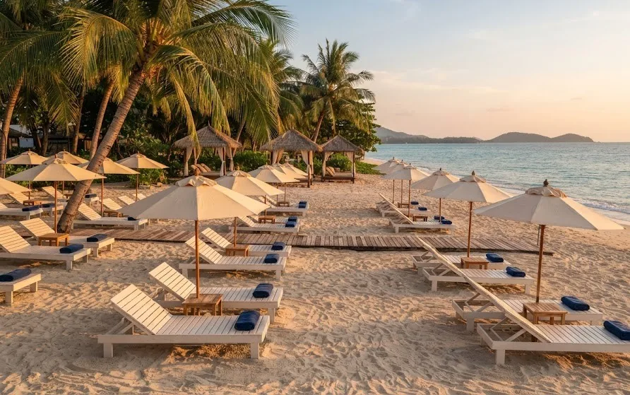 Rows of white sun loungers and cream parasols on soft sand beside thatched cabanas at golden hour