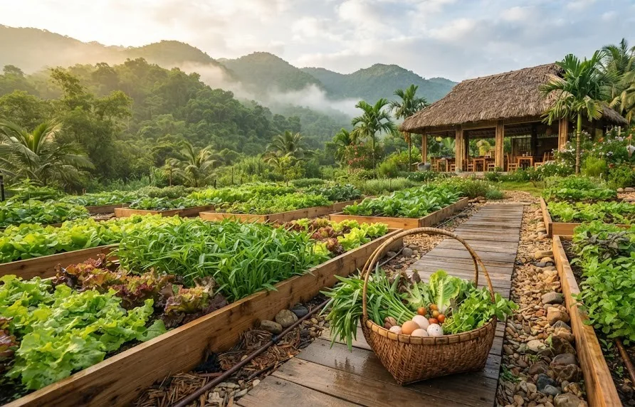 Raised vegetable beds with a basket of fresh greens and eggs beside a thatched dining pavilion