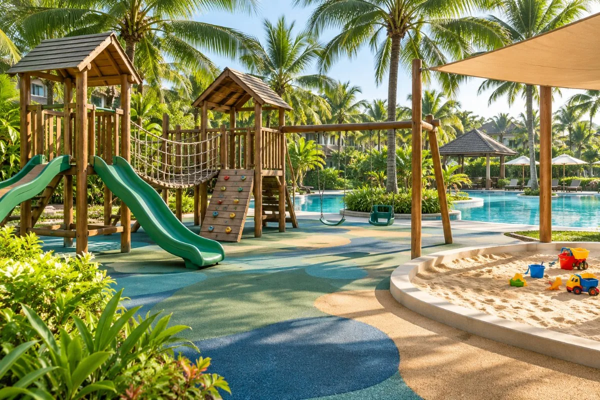 Wooden playground with slides, swings and a sandpit beside a resort family pool