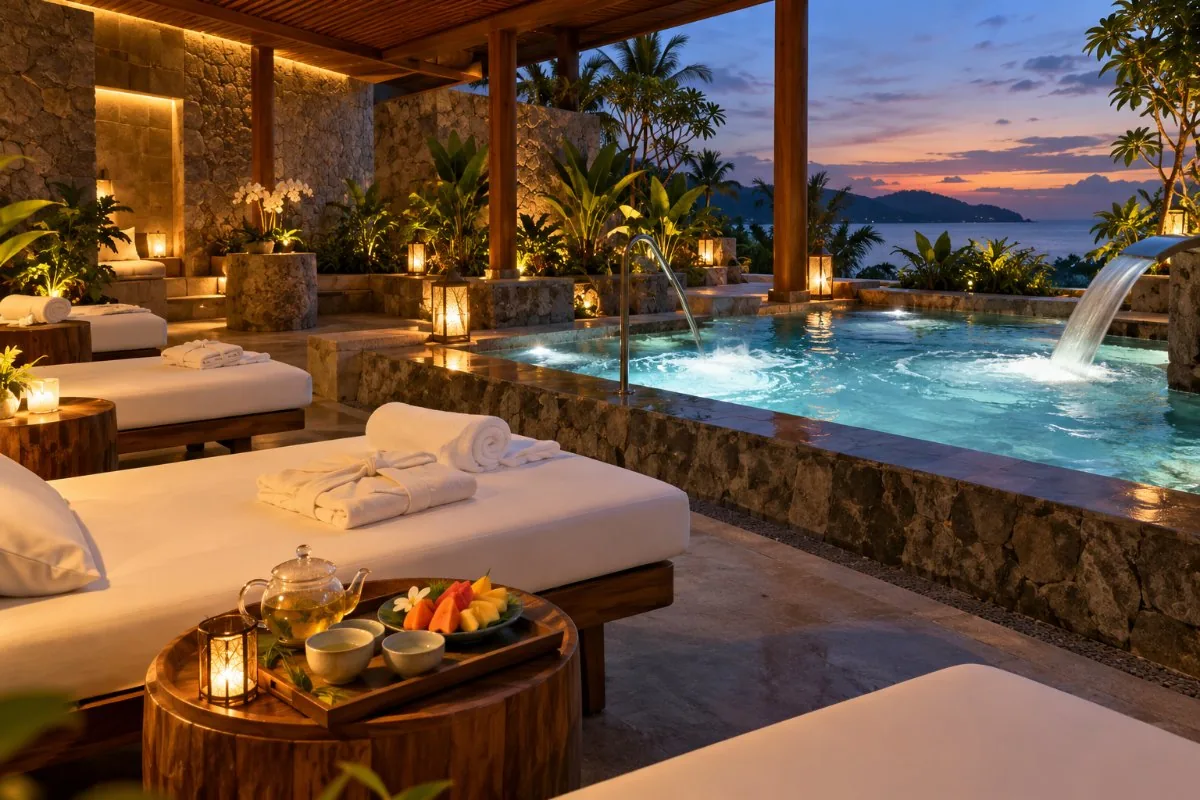 Spa lounge with daybeds, robes, herbal tea and a lit hydrotherapy pool at dusk