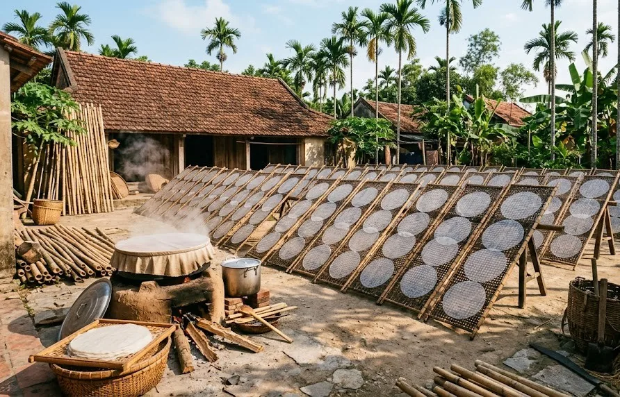 Round rice paper sheets drying on bamboo racks in a village courtyard with a clay steaming stove