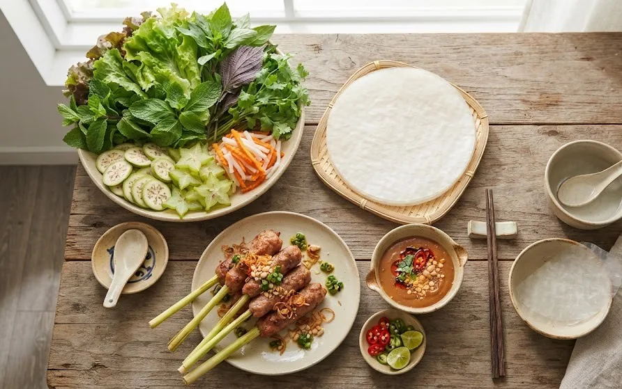Rice paper sheets, platter of fresh herbs, green banana and star fruit, pork skewers and peanut sauce