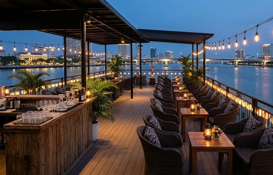 Empty upper deck of a river cruise boat with rattan chairs, lanterns and string lights at dusk