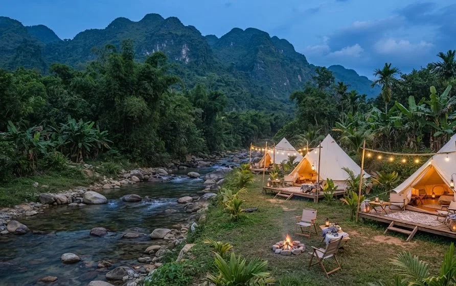Canvas bell tents on timber decks beside a rocky river with bamboo jungle and green peaks at dusk