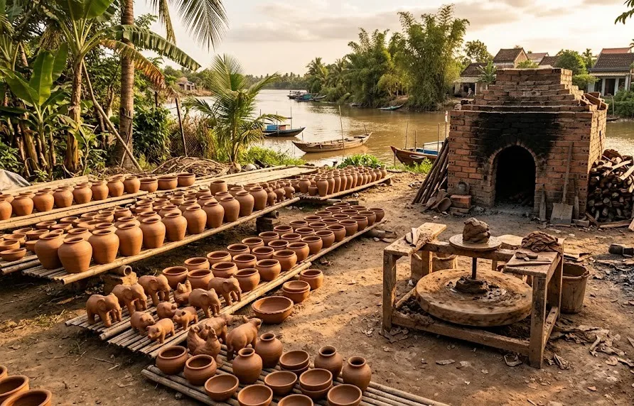 Terracotta pots and figurines drying on bamboo racks beside a river with a brick kiln and kick wheel