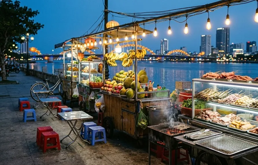 Street food carts with fruit, skewers and a charcoal grill along a riverside promenade at dusk