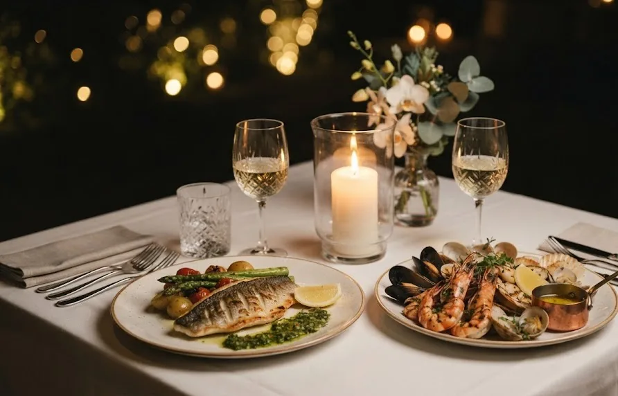 Candlelit dinner for two with grilled fish, shellfish platter and white wine