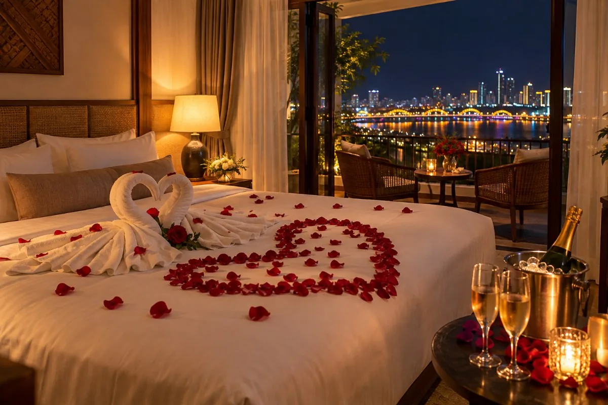 Rose petal heart and towel swans on a hotel bed with sparkling wine and city lights beyond