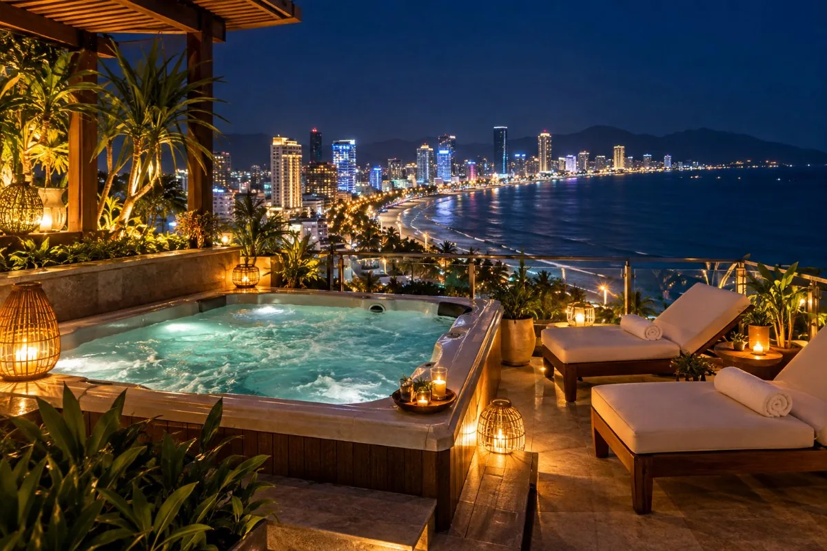 Rooftop hot tub with lanterns and loungers overlooking a lit city beach at night
