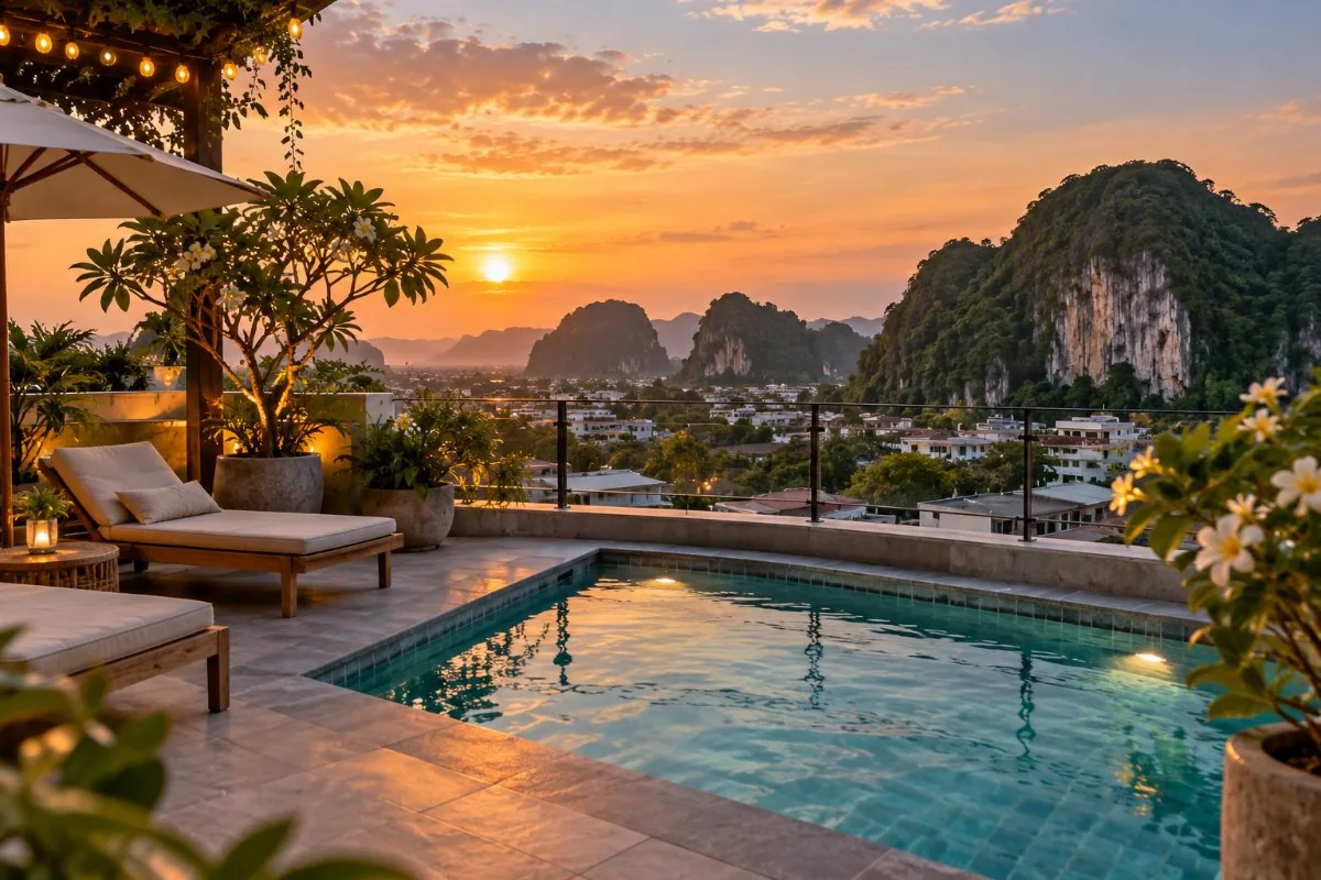 Rooftop terrace with a plunge pool and loungers facing limestone cliffs at sunset
