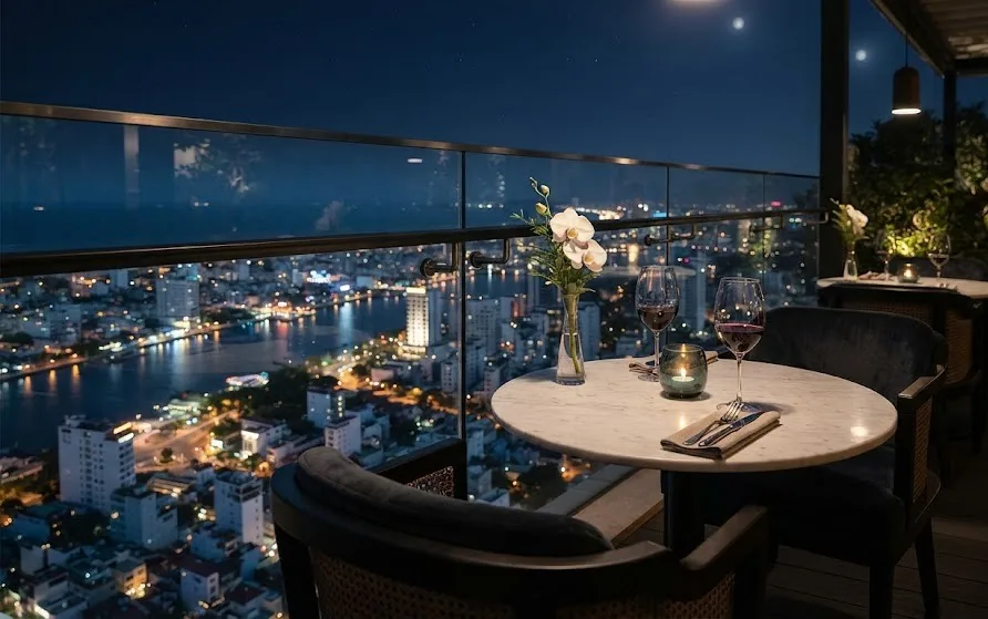 Marble rooftop table set for two with an orchid and candle above a lit riverfront city at night