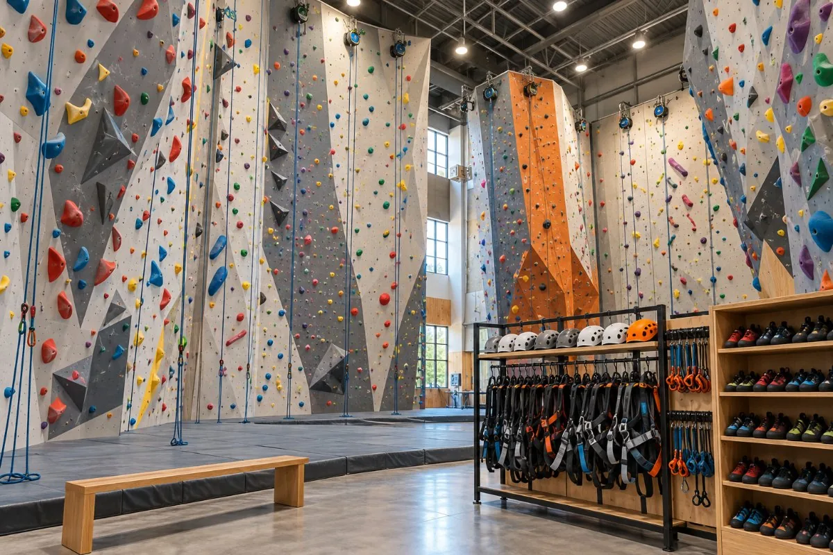 Tall roped climbing walls with auto belays beside racks of harnesses, helmets and rental shoes