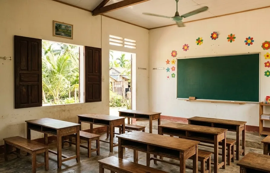 Empty rural Vietnamese classroom with wooden desks, a blank green chalkboard and paper flower decorations